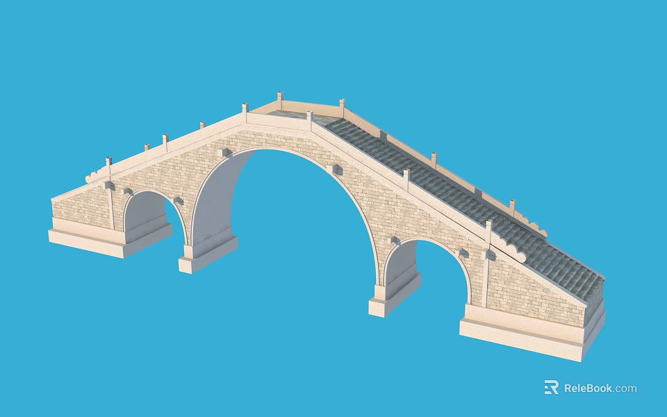 Stone Arch Bridge With Multiple Arched Design And Stone Railings Structure 3d model 