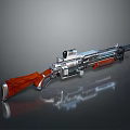 Futuristic Sci Fi Weapon With Silver Metallic Parts Red Wooden Grip And Scope