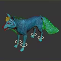 Fantasy Character Teal Wolf Creature With Shiny Fur Flower Head And Paw Rings