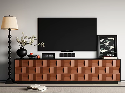 Geometric Pattern Wooden TV Stand With TV Mounted Above Table Lamp Vase And Framed Art 3d model