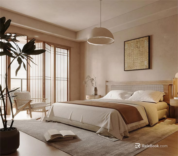 Serene Modern Bedroom Featuring Wooden Bed Pendant Light Wall Art And Green Plant 3d model 