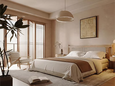 Serene Modern Bedroom Featuring Wooden Bed Pendant Light Wall Art And Green Plant 3d model