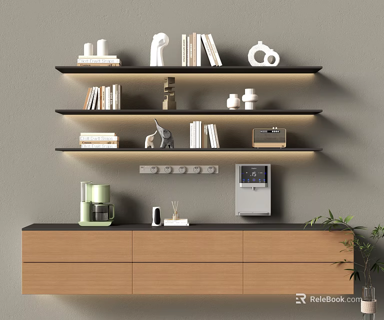 Wooden Decorative Cabinet With Shelves Holding Books White Ornaments On Gray Wall 3d model 