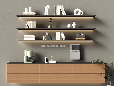 Wooden Decorative Cabinet With Shelves Holding Books White Ornaments On Gray Wall 3d model
