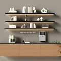 Wooden Decorative Cabinet With Shelves Holding Books White Ornaments On Gray Wall