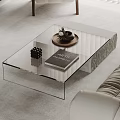Transparent Glass Coffee Table With Wooden Tray Small Plant And Decorative Book In Modern Living Room
