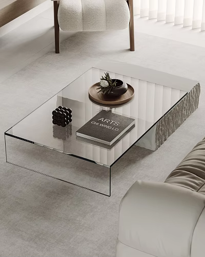 Transparent Glass Coffee Table With Wooden Tray Small Plant And Decorative Book In Modern Living Room 3d model