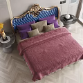 Luxurious Double Bed with Blue Tufted Headboard Gold Trim and Purple Beige Pillows