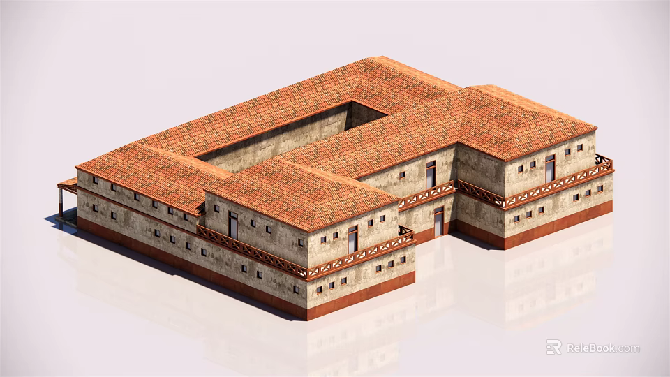 Traditional Courtyard Building With Red Tiled Roof And Beige Exterior Walls 3d model 