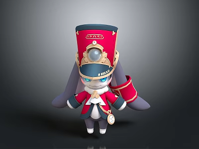 Cartoon Rabbit Character In Military Uniform With Red Tall Hat Golden Decorations And Blue Cape 3d model