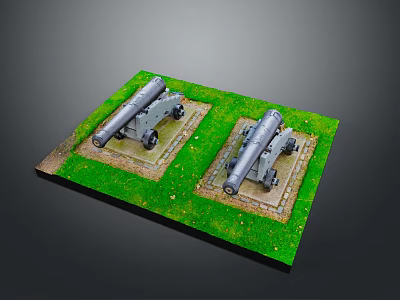 Military Cannons As Weapons Placed On Green Grass With Stone Bases 3d model