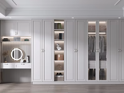 Modern White Wardrobe with Glass Doors Storage Compartments Lighting and Hanging Clothes Books Shoes 3d model