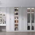 Modern White Wardrobe with Glass Doors Storage Compartments Lighting and Hanging Clothes Books Shoes