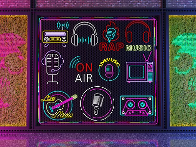 Neon Decorative Light with Music Elements Microphone Headphones Cassette Tape Design 3d model