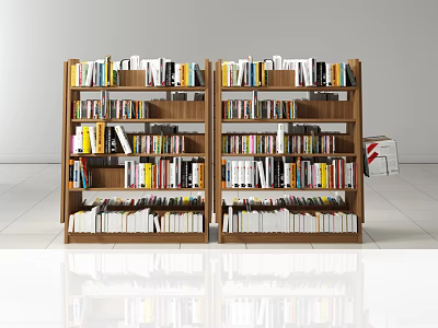 Wooden Bookcases With Multiple Shelves Filled With Various Colored Books On White Floor 3d model