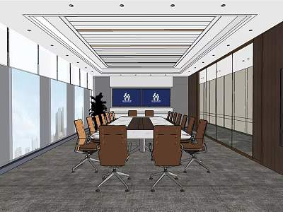 Modern Conference Room Interior With Long Table Brown Chairs Large Windows And Backdrop Wall 3d model