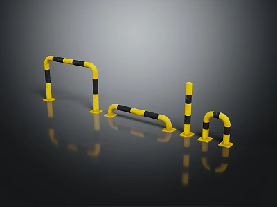 Yellow And Black Safety Guardrails In Various Curved Shapes For Protection Purposes 3d model