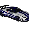 Sporty Racing Car With Blue And White Stripes Rear Wing And Sport Time Design