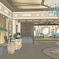 Luxury Club Interior With Elegant Sofas Crystal Chandeliers And Dining Tables 3d model