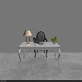 Modern White Desk Black Chair With Gold Legs Lamp Laptop And Green Plant