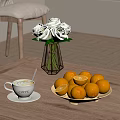 Fresh Oranges On Plate With Coffee Cup And White Roses In Vase On Wooden Table