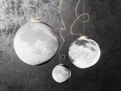 Modern Lunar Surface Pendant Lights in Three Sizes Hanging on Dark Textured Wall 3d model
