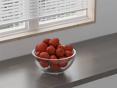Elegant Ceramic Bowl Filled With Fresh Red Lychees On Grey Countertop By Window With Blinds 3d model