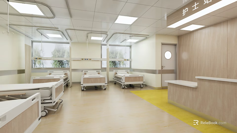 Bright Hospital Ward Interior With Patient Beds Nurse Station And Large Windows 3d model 