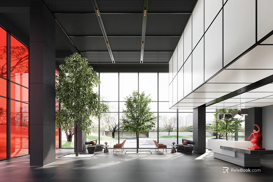 Modern Front Desk Reception Area Interior With Large Windows Green Trees And Red Accents 3d model