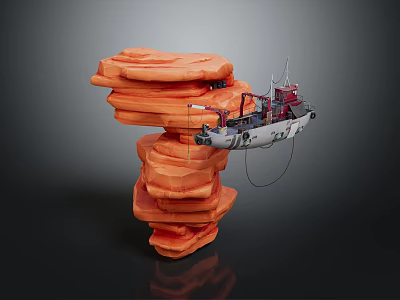 Red And White Watercraft With Antenna Structures On Orange Stacked Rocks 3d model