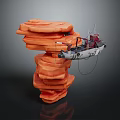 Red And White Watercraft With Antenna Structures On Orange Stacked Rocks