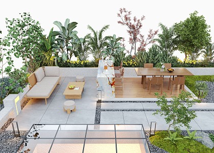 Courtyard landscape outdoor sofa flower pool landscape plants outdoor lighting 3d model