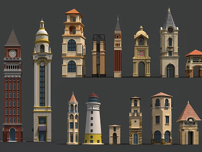 Diverse Tower Architectural Styles With Clock Dome Spire And Window Details 3d model