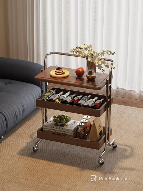 Multi Tiered Rolling Side Table With Cake Apple Vase Wine Bottles And Fruits 3d model 