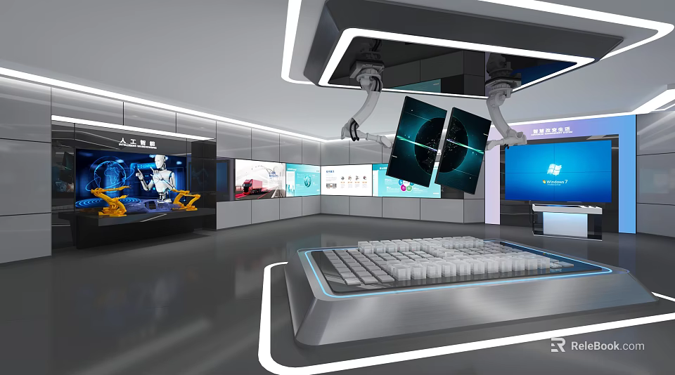 High Tech AI Exhibition Hall With Robotic Arms Display Screens And Control Console 3d model