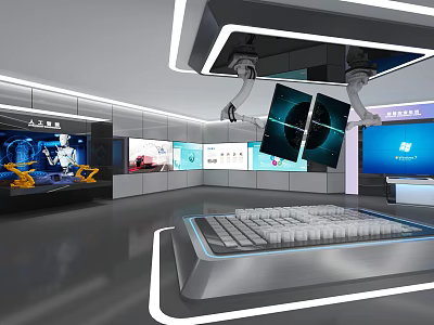 High Tech AI Exhibition Hall With Robotic Arms Display Screens And Control Console 3d model
