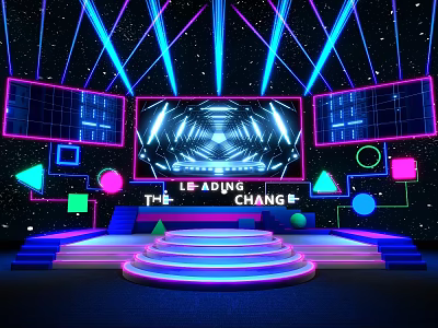 Futuristic Stage Design With Neon Lights Large Screen Geometric Shapes And Leading The Change Text 3d model