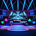 Futuristic Stage Design With Neon Lights Large Screen Geometric Shapes And Leading The Change Text