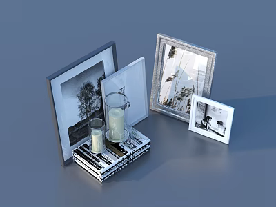 Multiple Photo Frames With Various Styles And Sizes Alongside Candles And Stacked Books 3d model