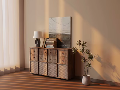 Warm Room Interior With Wooden Cabinet Table Lamp Books Painting Potted Plant And Sunlight 3d model
