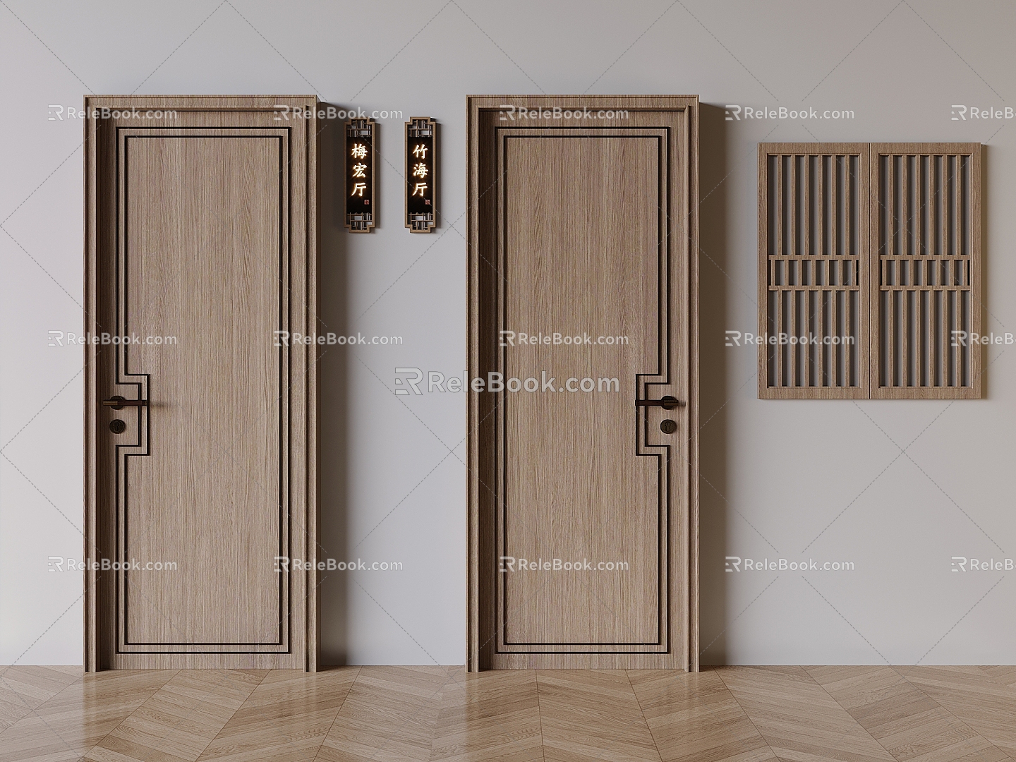 Chinese-style private room flat door hotel solid wood flat door grille window private room doorplate 3d model