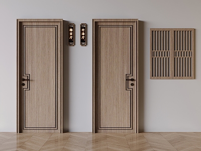 Chinese-style private room flat door hotel solid wood flat door grille window private room doorplate 3d model