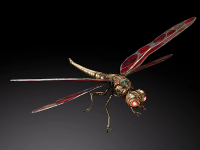 Metal Dragonfly Decorative Ornament Set with Red Wings and Intricate Design 3d model