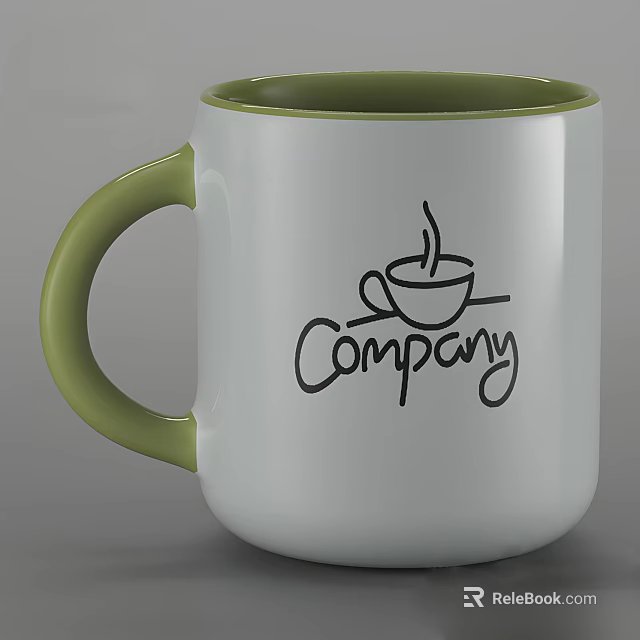 White Mug With Green Handle Rim And Coffee Cup Company Logo 3d model 