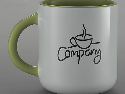 White Mug With Green Handle Rim And Coffee Cup Company Logo 3d model