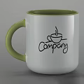 White Mug With Green Handle Rim And Coffee Cup Company Logo
