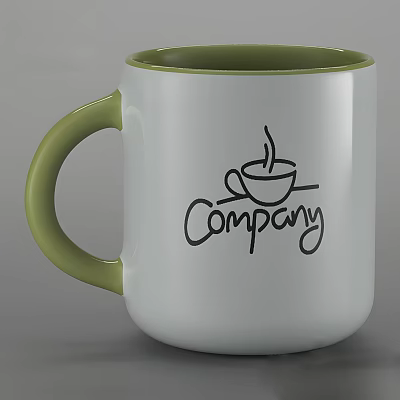 White Mug With Green Handle Rim And Coffee Cup Company Logo 3d model