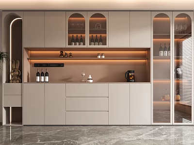Elegant Modern Wine Cabinet With Glass Doors Wine Bottles Glasses Storage Drawers And LED Lighting 3d model