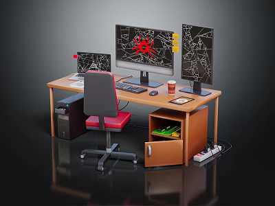 Wooden Office Desk With Ergonomic Chair Three Monitors Drawer And Storage 3d model