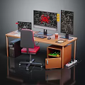 Wooden Office Desk With Ergonomic Chair Three Monitors Drawer And Storage